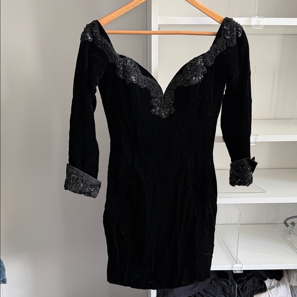 Elegant Black Velvet Dress with Beaded Details